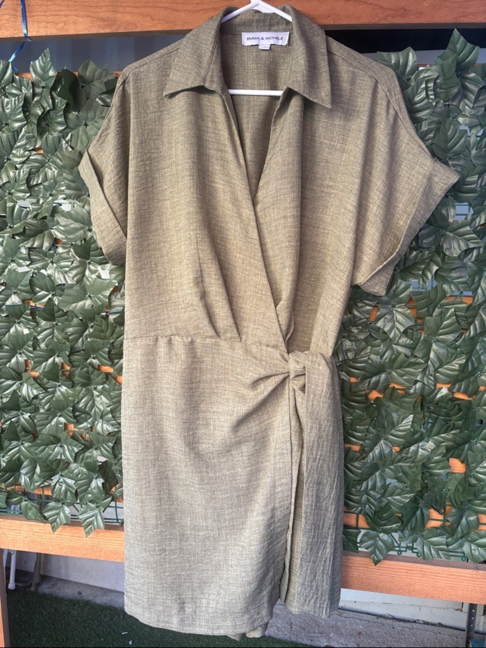 Emma & Michele Olive Short-Sleeve Wrap Midi Dress